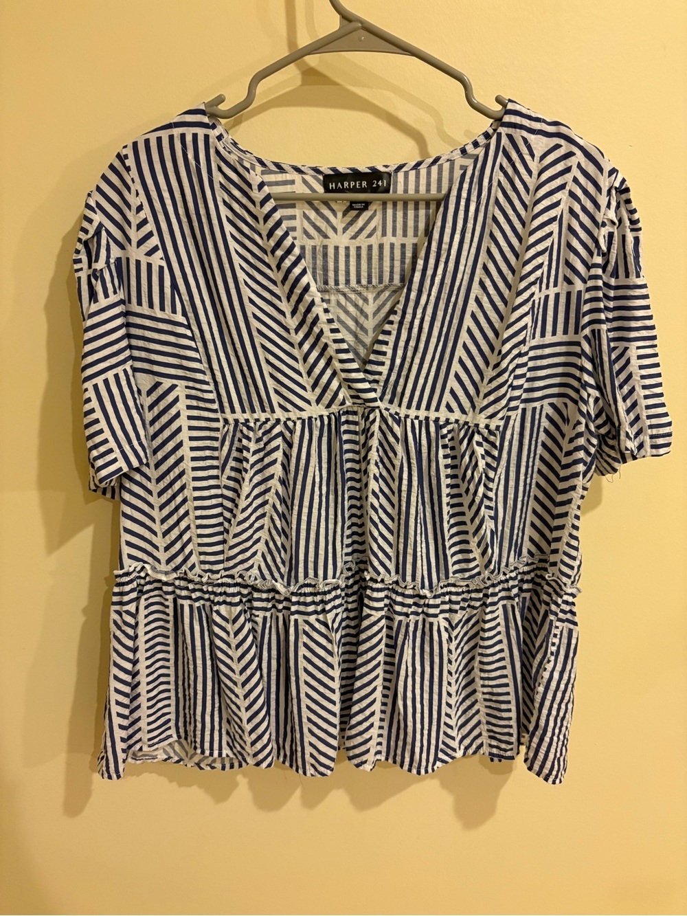 Harper 241 Blue & White Striped V-Neck Peplum Top